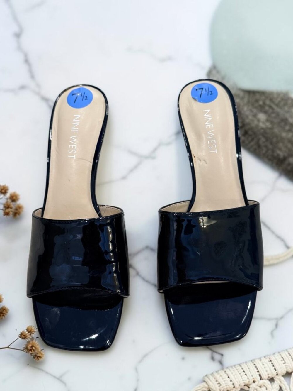 Nine West NWT WNDATIE Square Toe Black Patent Kitten Heel Mules Women's Size 7.5 - Picture 3 of 10